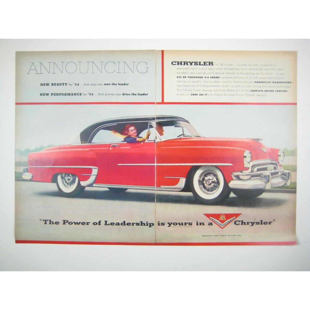 Vintage 1954 Chrysler Advertisement Red Convertible Car 2 Page Print